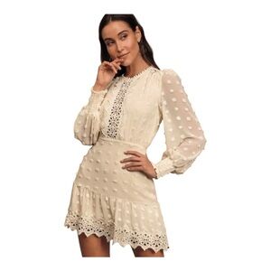 LULUS Women's Small Ivory Crochet Lace Flirty Flowy Cottagecore Chiffon Dress